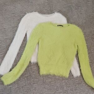 Women's Fuzzy Sweater Set - White and Lime